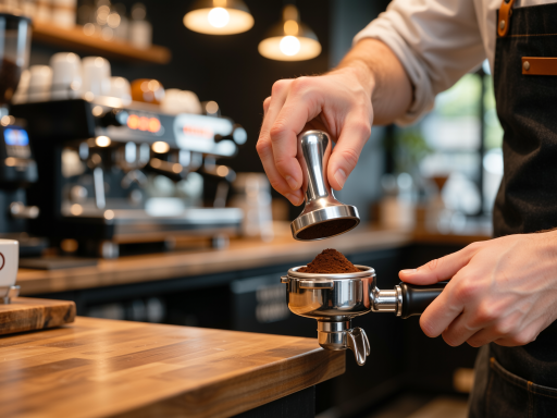 咖啡师正在精心制作咖啡，手部特写显示专业技巧，背景模糊突出主体，光线温暖