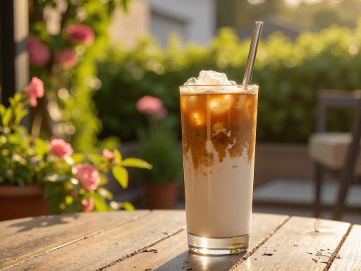 冰摇咖啡杯，冷饮效果明显，杯壁有水珠，背景是夏日清凉环境