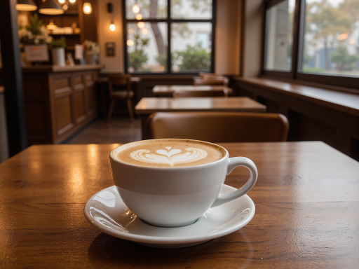 拿铁咖啡杯，浅棕色液体表面有精美拉花艺术，背景是温馨咖啡厅环境